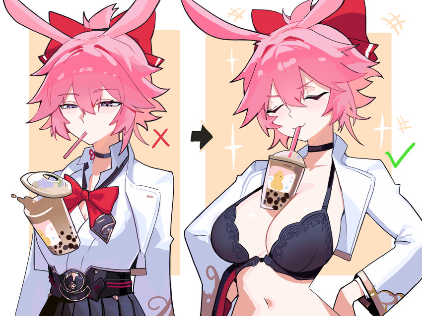 2girls alternate breast size (larger) animal ears black bra black choker black skirt bow bowtie bra breast size difference breasts bubble tea challen…
