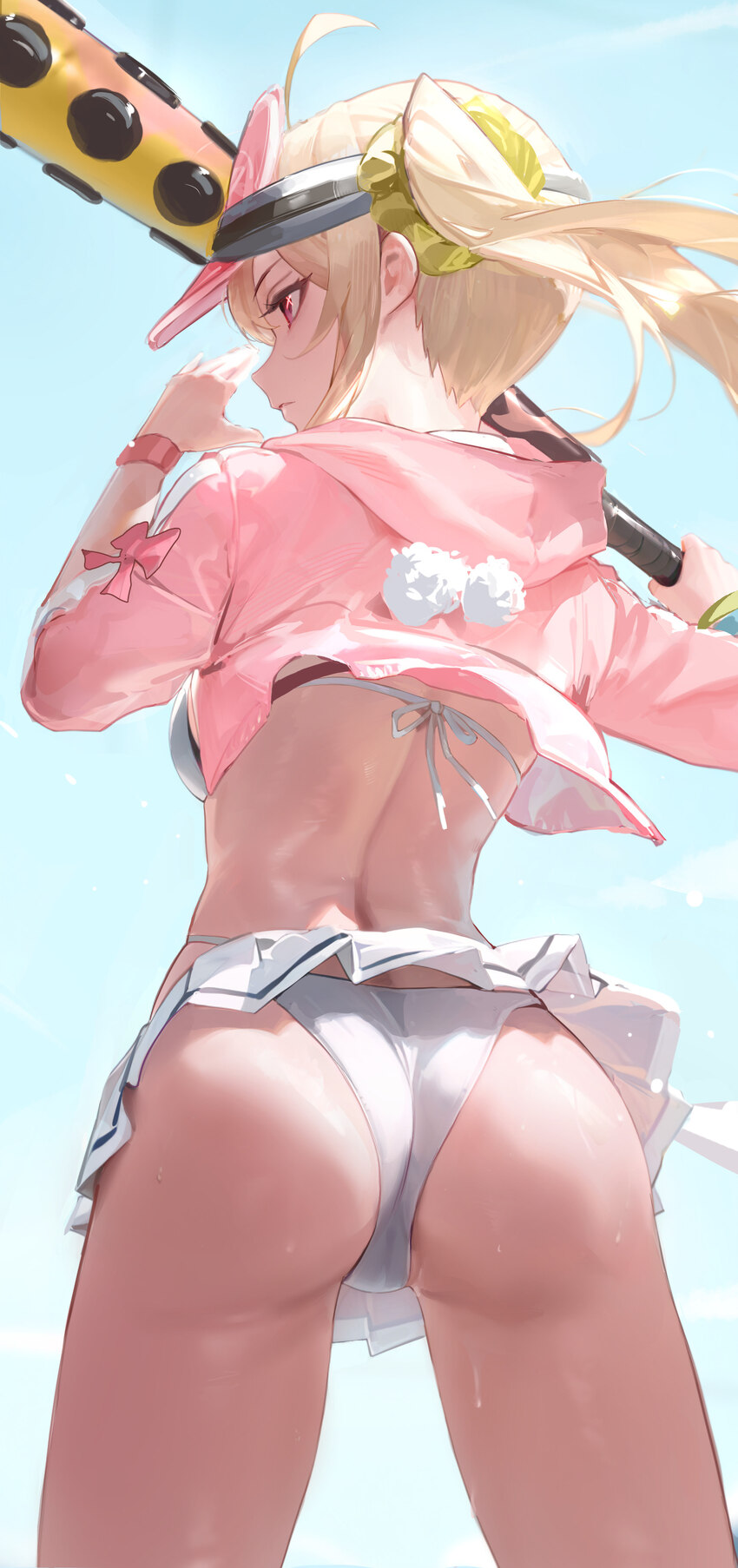 1girl absurdres ass baseball bat bikini bikini skirt blonde hair breasts chinese commentary clothes lift commentary request far side from behind high…