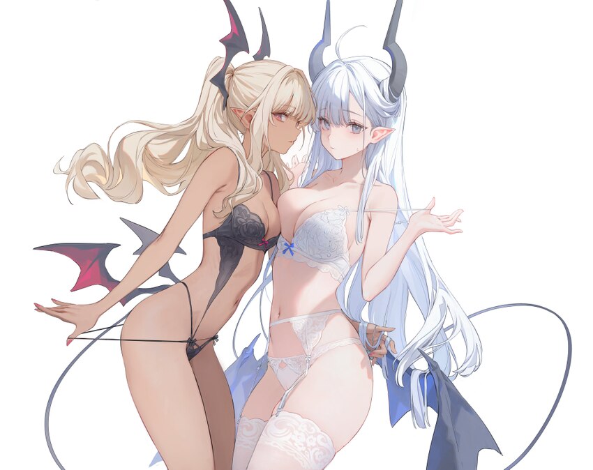 2girls absurdres bare arms bare shoulders bikini black bra black panties blonde hair blue eyes bra breast press breasts cleavage commentary cowboy sh…