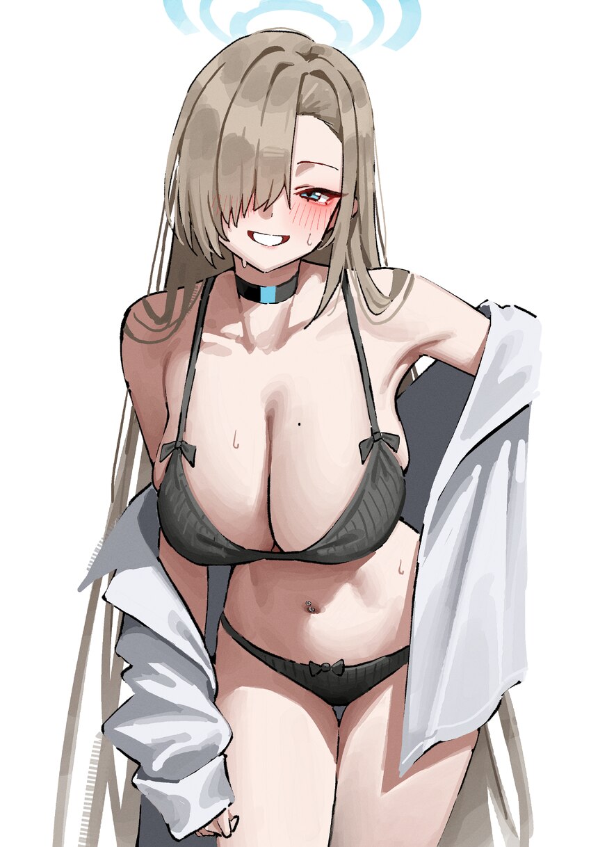 1girl absurdres aqua eyes aqua halo asuna (blue archive) bare shoulders bent over black bra black choker black panties blue archive blush bow bow pan…