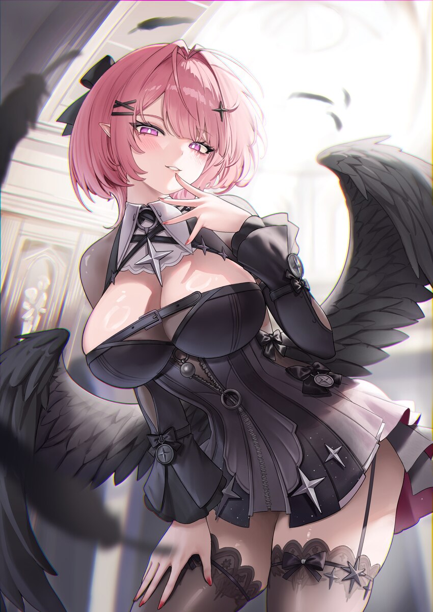 1girl absurdres black bow black dress black feathers black shrug black thighhighs black wings blush bow breasts chinese commentary chromatic aberrati…