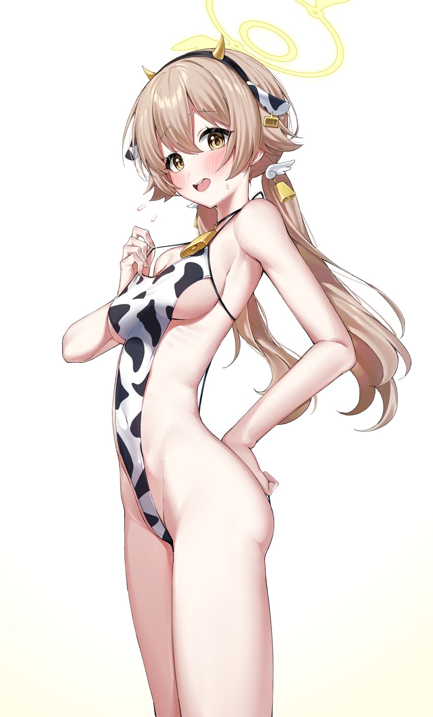 1girl absurdres animal ear hairband animal ears ass bare shoulders bell blonde hair blue archive blush breasts brown eyes cobe commentary cow ear hai…