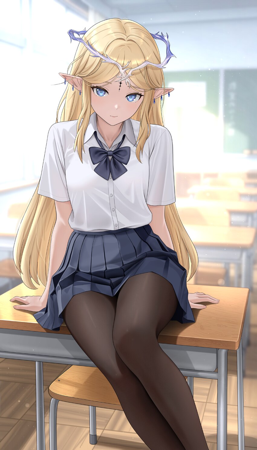 1girl absurdres alternate costume black bow black bowtie black pantyhose black skirt blonde hair blue eyes bow bowtie cartethyia (wuthering waves) cl…
