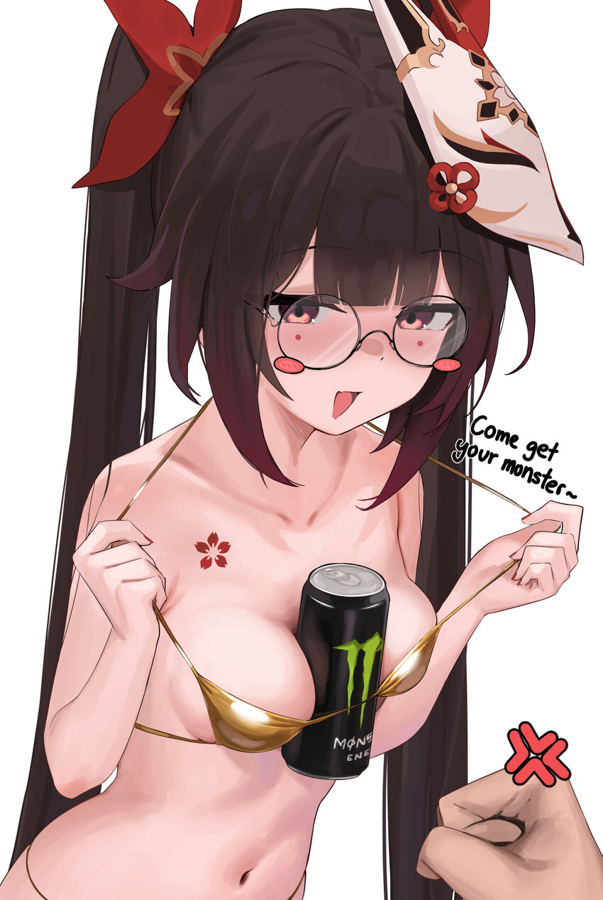 1girl absurdres alternate costume anger vein bare shoulders between breasts bikini breasts brown hair can commentary request drink can english text f…