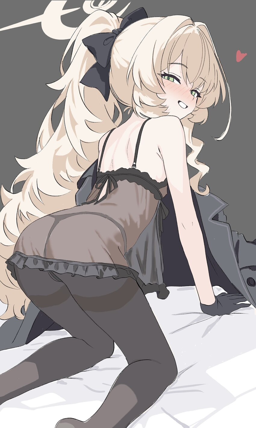 1girl all fours ass babydoll bare shoulders black babydoll black gloves black panties black pantyhose blonde hair blue archive commentary covered nip…