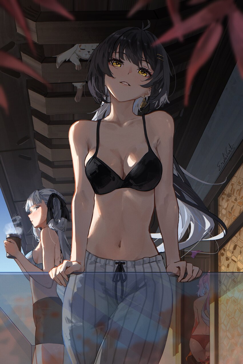3girls abby (wuthering waves) absurdres alternate costume back bare shoulders black bra black hair black shorts blush bra breasts changli (wuthering …