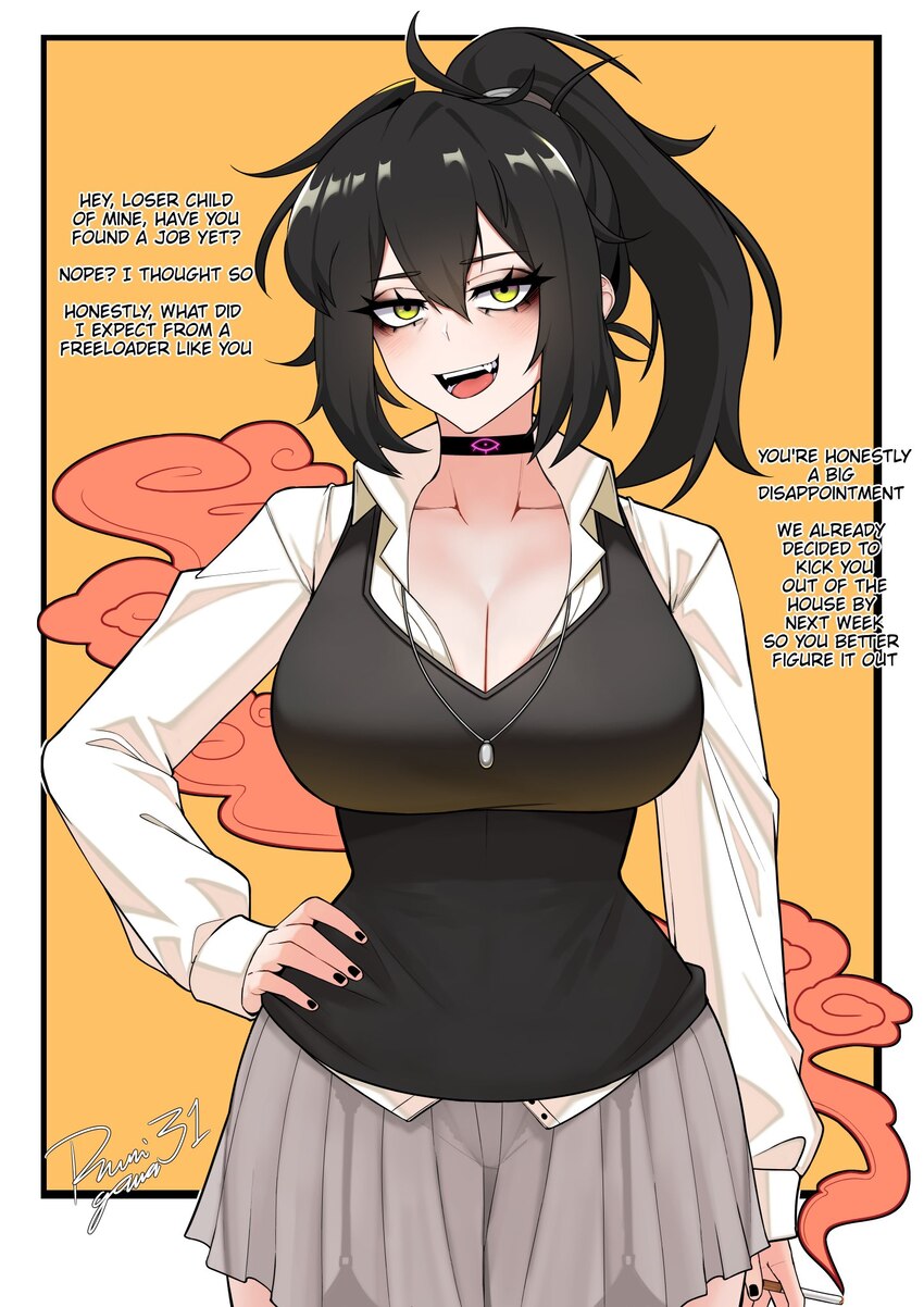 1girl alternate breast size (larger) artist name black choker black hair black nails border breasts choker cigarette cleavage collared shirt commenta…