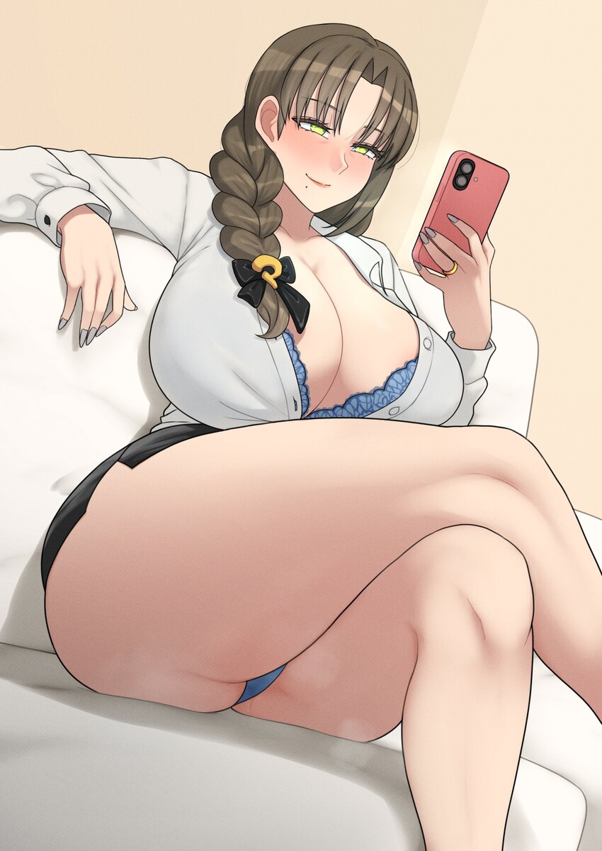 1girl absurdres ass blue bra blue panties bra bra peek braid breasts brown hair cellphone collared shirt commentary couch crossed legs english commen…