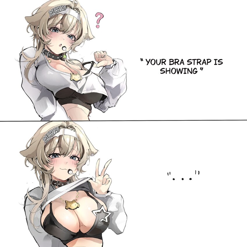 ... 1girl absurdres black bra black sports bra bra bra strap breasts cat ear-shaped hair cat necklace cat ornament cleavage clothes lift comic commen…