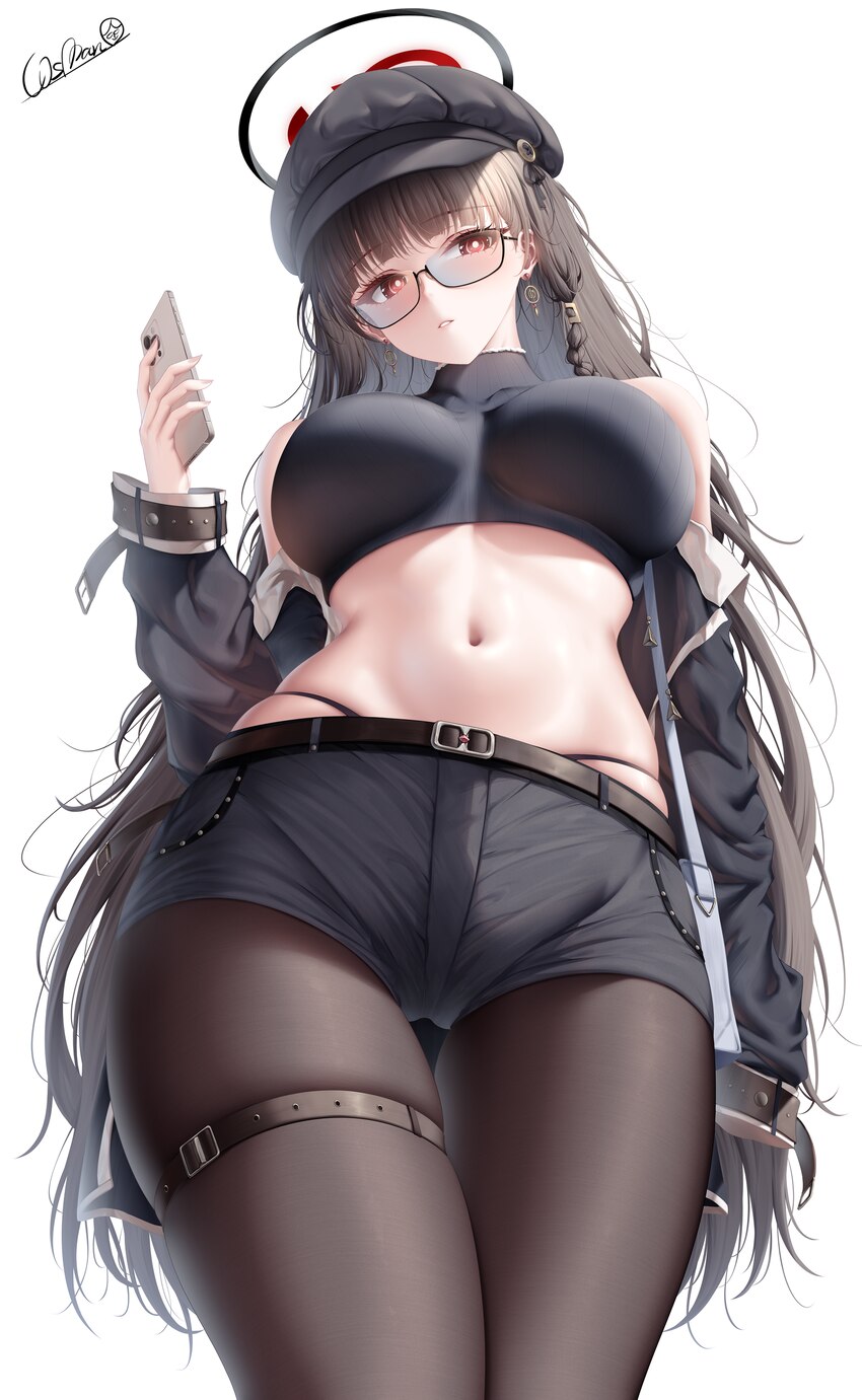 1girl absurdres alternate costume bare shoulders black hair black hat black panties black pantyhose black shorts blue archive breasts bright pupils c…