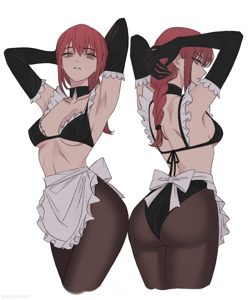 1girl apron armpits arms behind head arms up ass ass focus back backboob bare shoulders black bra black gloves black panties black pantyhose bra brai…