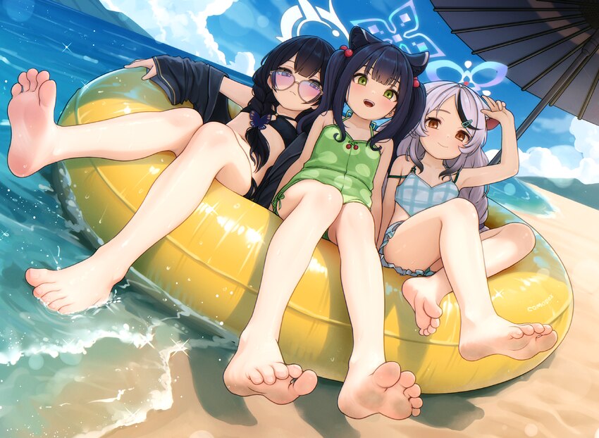 3girls animal ears arm up barefoot beach bikini black bikini black hair blue archive blue bikini blue eyes braid brown eyes butterfly hair ornament c…