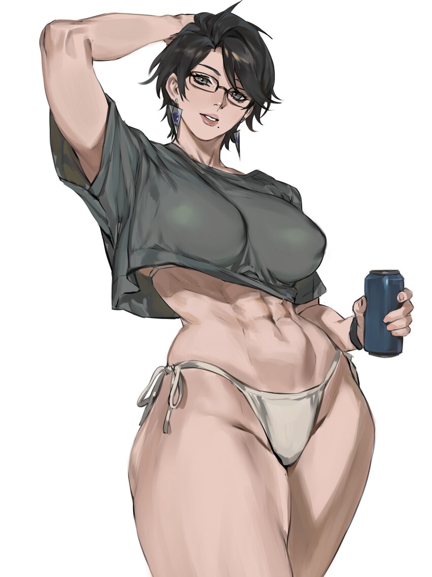 1girl abs absurdres alternate breast size (larger) bayonetta bayonetta (series) bayonetta 2 bikini black hair bra bra peek breasts can casual comment…