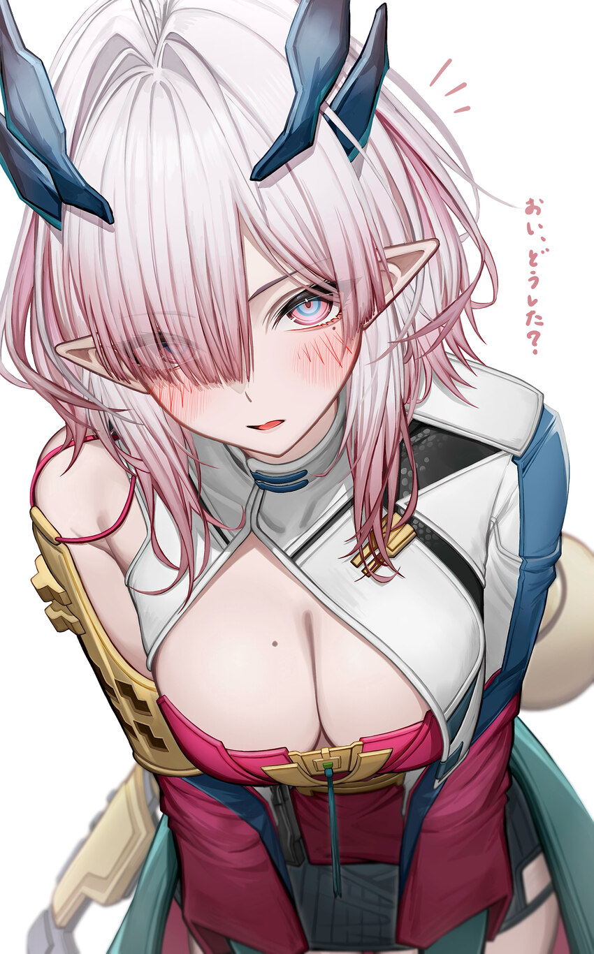 1girl absurdres arknights arknights  endfield blue eyes blue horns blush breasts cleavage commentary request demon girl demon horns eyes visible thro…