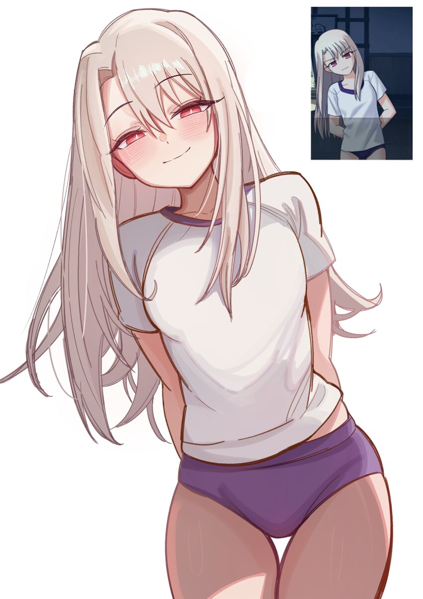 0nineo9 1girl absurdres arms behind back blush breasts buruma closed mouth commentary cowboy shot derivative work english commentary fate/stay night …