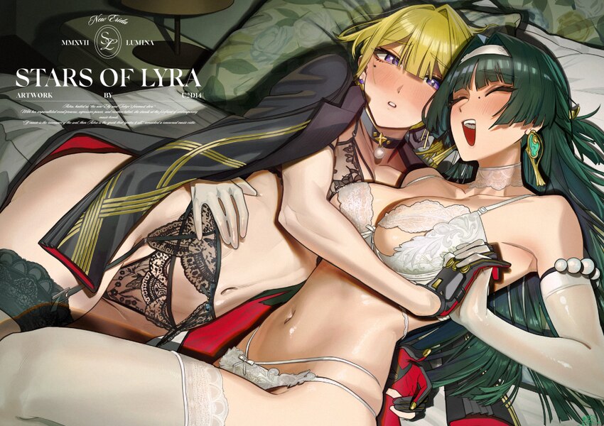 2girls absurdres armlet artist name astra yao bed sheet black choker black garter belt black gloves black jacket black thighhighs blonde hair bow bow…