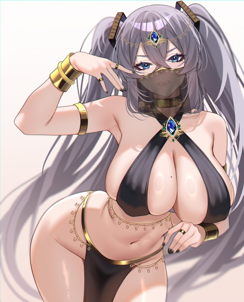 1girl absurdres alternate costume armlet azur lane bikini bikini top only black bikini black nails black veil blue eyes bracelet breasts clenched tee…