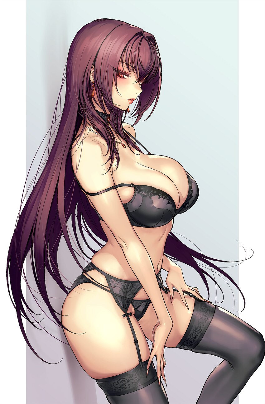 1girl bare shoulders black bra black garter belt black panties black thighhighs blush bra breasts choker cleavage commentary earrings fate/grand orde…