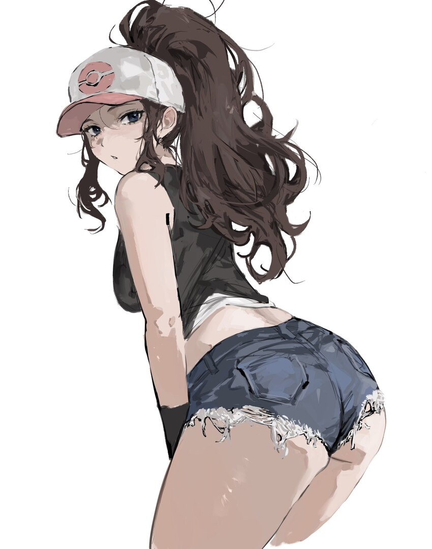 1girl ass bare shoulders baseball cap blue eyes breasts brown hair check commentary commentary request cutoffs denim denim shorts from behind hat hig…