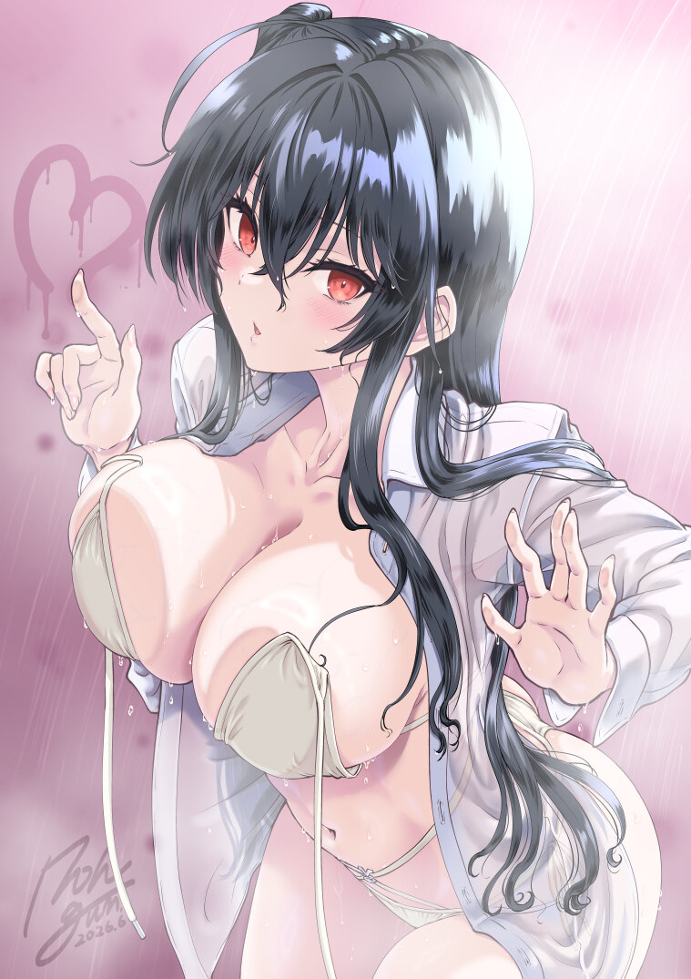 1girl against glass azur lane bikini black hair blush breasts cleavage commentary request heart large breasts long hair looking at viewer navel offic…