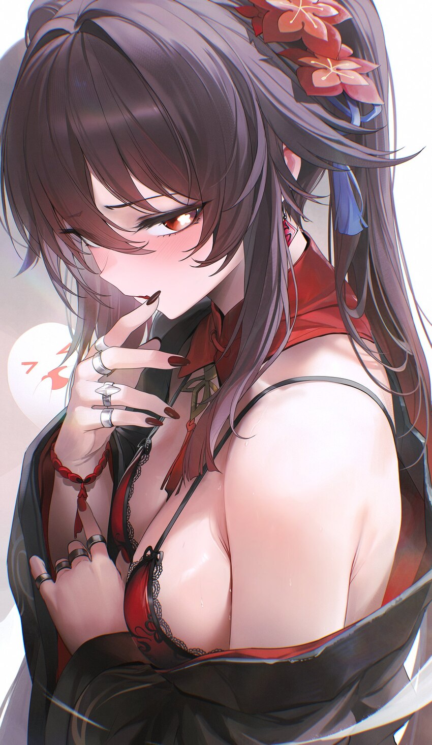 1girl bare shoulders blush boo tao (genshin impact) bra breasts brown hair flower genshin impact ghost grey background hair between eyes hair flower …