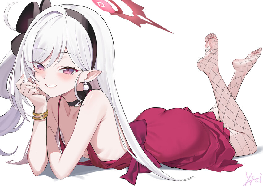 1girl  d armpit crease black choker black hairband blue archive breasts choker commentary dress earrings feet fishnets full body gold bangle hairband…