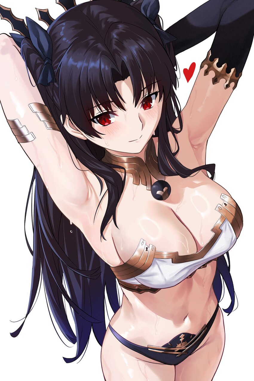 1girl absurdres alternate breast size (larger) armlet armpits arms behind head arms up bare shoulders bikini black bikini black hair blush breasts cl…
