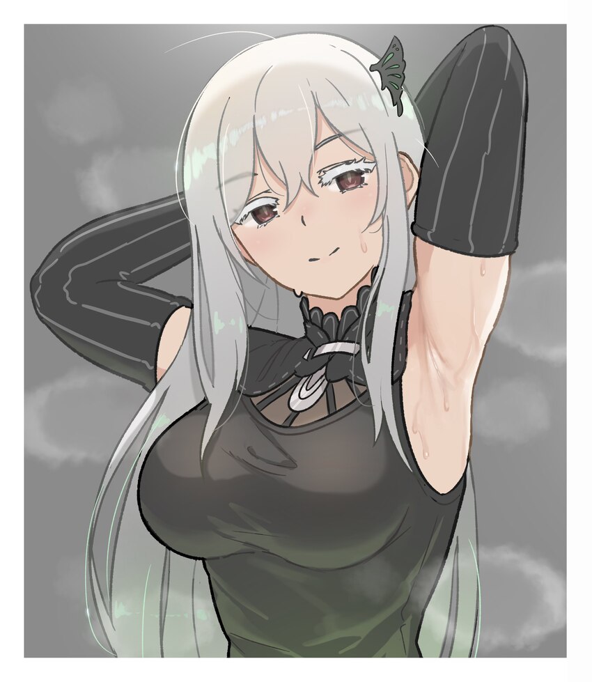 1girl absurdres armpit focus armpits arms behind head border breasts brown eyes closed mouth commentary commentary typo echidna (re zero) english com…