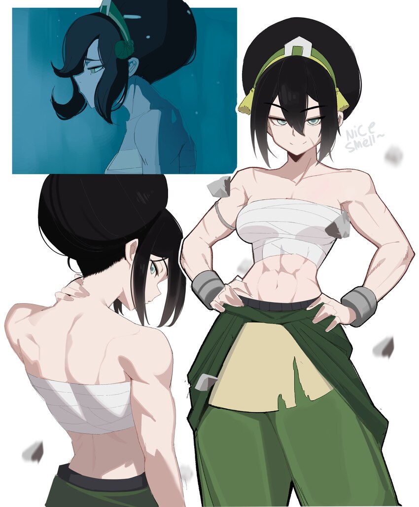 1girl abs absurdres avatar aang  the last airbender avatar legends back bandaged chest black hair breasts closed mouth commentary english commentary …