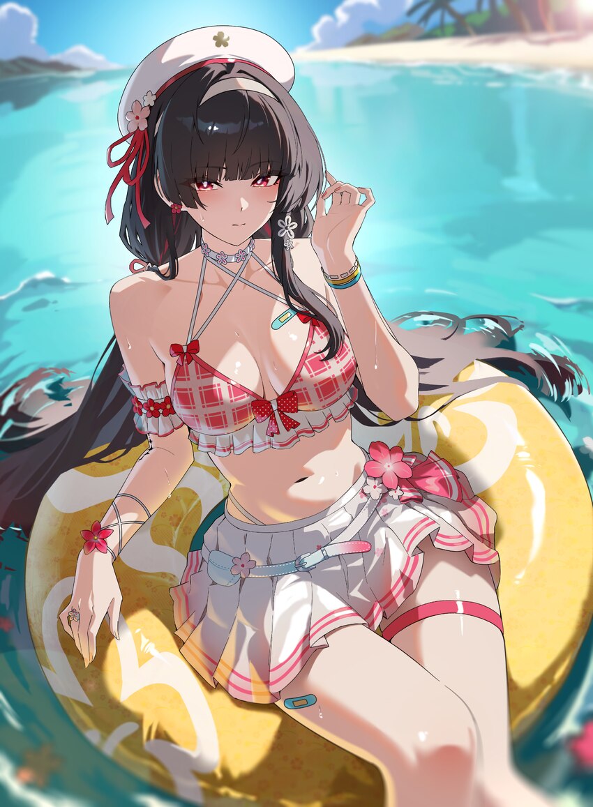 1girl absurdres arm up bandaid bandaid on chest bandaid on leg bare shoulders beach bikini black hair blunt bangs blurry blurry background blush brac…