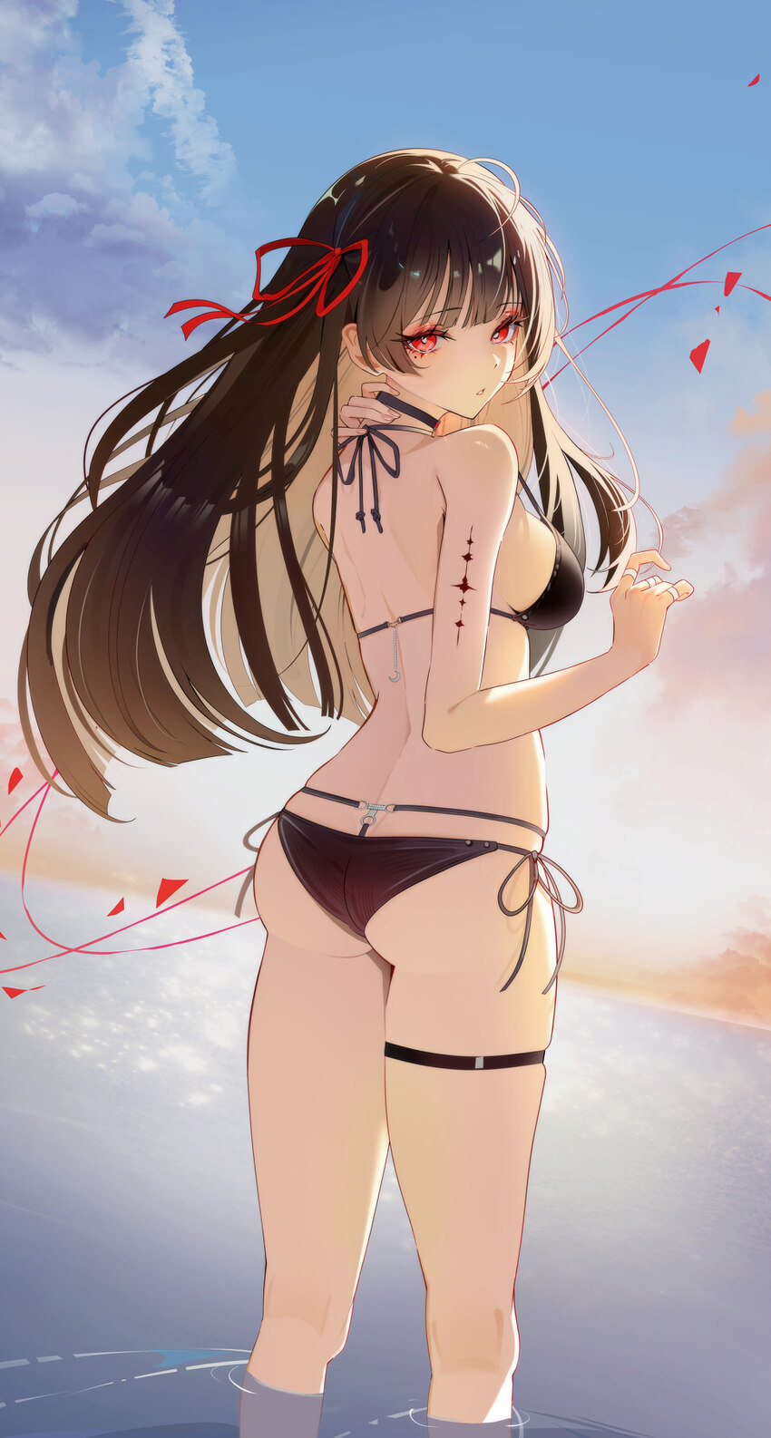 1girl absurdres alternate costume ass back bikini black bikini black hair breasts chisa (wuthering waves) commentary from behind hair ribbon halterne…