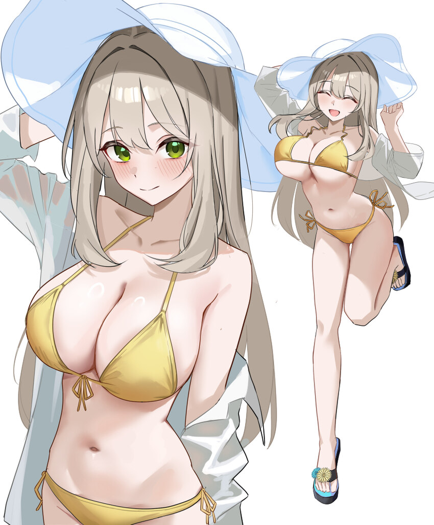 1girl  d bikini blue archive breasts cleavage closed eyes closed mouth commentary front-tie bikini top front-tie top full body green eyes halterneck …