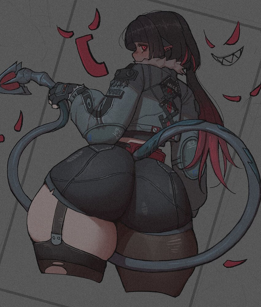 1girl alternate eye color animal ears ass ass focus black hair breasts clozzy01 commentary cropped legs english commentary from behind gloves high-wa…