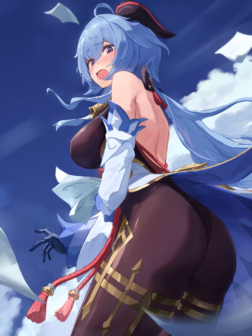 1girl absurdres ahoge ass backless outfit bare shoulders bell black gloves black leotard black pantyhose blue hair blue sky blush bow breasts cloud c…