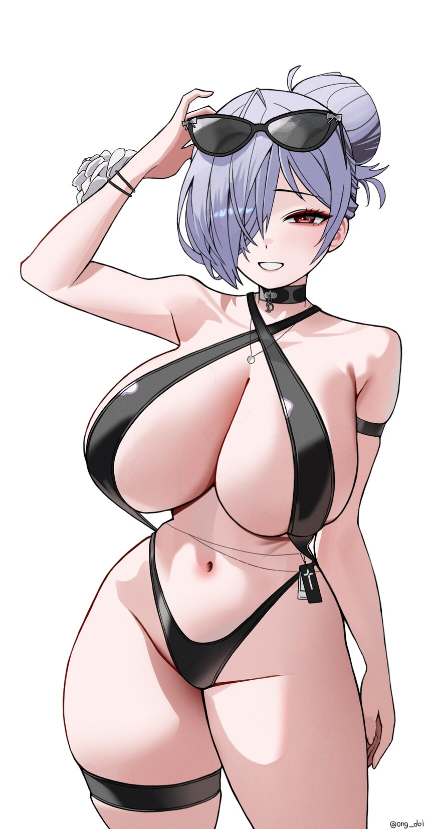 1girl absurdres arm strap arm up bare shoulders bikini black bikini black slingshot swimsuit breasts cinderella (crystal wave) (nikke) cinderella (ni…