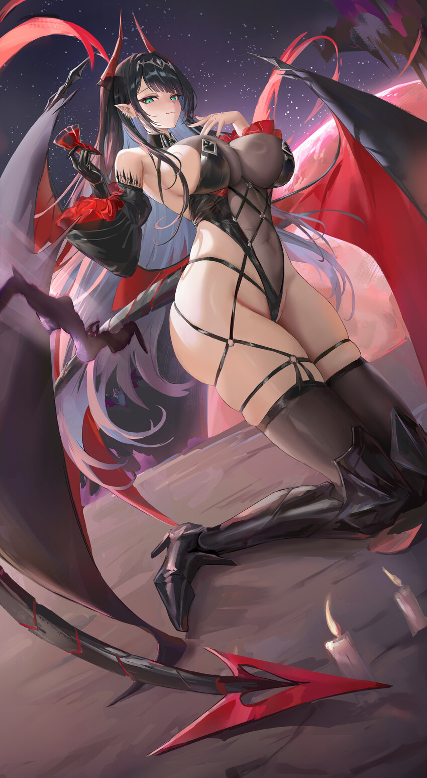 1girl absurdres azur lane bare shoulders black hair black leotard breasts commentary request demon girl demon horns demon tail demon wings goetz von …