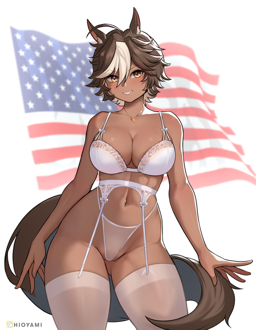 1girl absurdres ahoge american flag animal ears artist name ass visible through thighs bare shoulders blush bra breasts brown eyes brown hair carrot …
