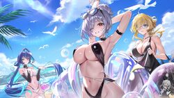 3girls absurdres aqua hair bikini black bikini black hair black slingshot swimsuit blonde hair blue eyes blue hair blue…