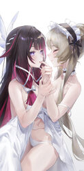 2girls absurdres bare shoulders black hair bow breasts brown hair chinese commentary cleavage closed eyes closed mouth …