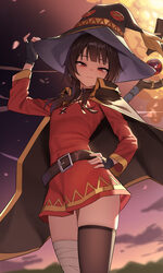 1girl absurdres bandaged leg bandages belt black cape black gloves black thighhighs breasts brown hair cape chinese com…