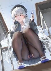 + + 1girl absurdres azur lane beret black cardigan black hat black panties black pantyhose black skirt cardigan ceiling…