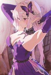 1girl absurdres adjusting hair armpit focus armpits arms behind head arms up bare shoulders blush breasts butterfly hai…