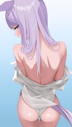 1girl absurdres animal ears ass back bare shoulders blue background blush closed mouth commentary request from behind h…
