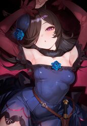 1girl  o absurdres animal ears armpit focus armpits arms up blue dress blue flower blue rose breasts brown hair collarb…