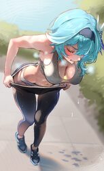 1girl absurdres alternate costume anger vein black hairband black shoes blue hair blush breasts breasts apart calvin kl…