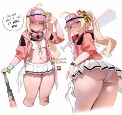 1girl anger vein ass baseball bat bikini blonde hair blush breasts commentary english commentary hat highres jacket lon…