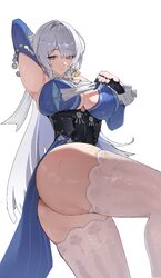 1girl absurdres arm behind head arm up armpits ass blue dress breasts closed mouth commentary request cowboy shot dress…