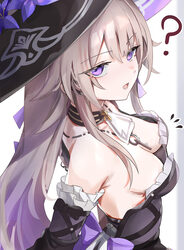 1girl ? bare shoulders black dress black hat breasts commentary request detached collar detached sleeves dress flower g…
