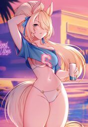 1girl absurdres alternate costume animal ears arm behind head bikini blonde hair blue eyes blue shirt breasts can comme…
