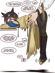 1boy 1girl ? animal ears arrow (symbol) black boots black hair boots brown eyes brown hair coat commentary ear covers e…